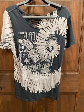 Affliction Dusty Blue and White Tie-Dye Graphic Tee with Distressed Back